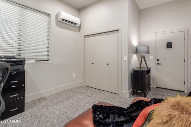 carpeted home office featuring an AC wall unit