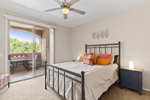 carpeted bedroom with access to exterior and a ceiling fan
