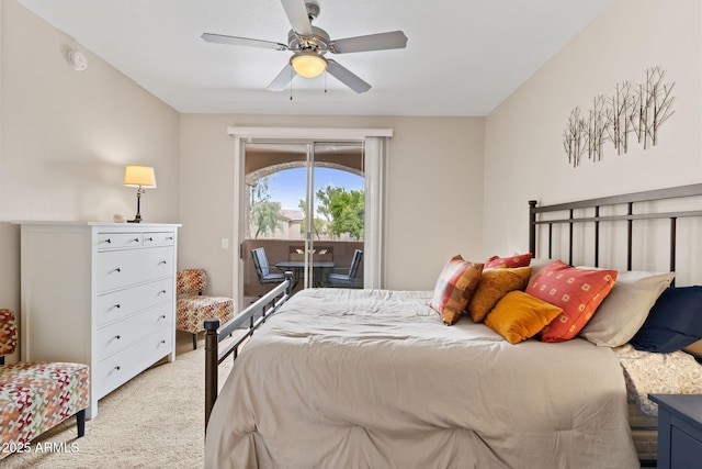 bedroom with light carpet, access to exterior, and ceiling fan