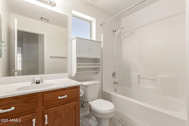 full bathroom with tile patterned flooring, visible vents, toilet, bathtub / shower combination, and vanity