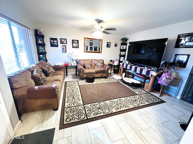 living room featuring ceiling fan