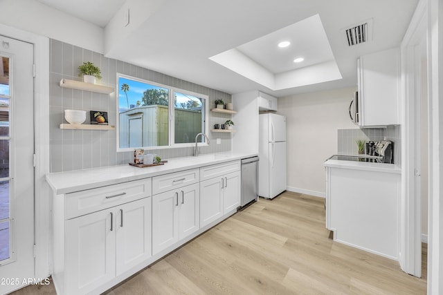 kitchen featuring visible vents, open shelves, appliances with stainless steel finishes, white cabinetry, and a sink