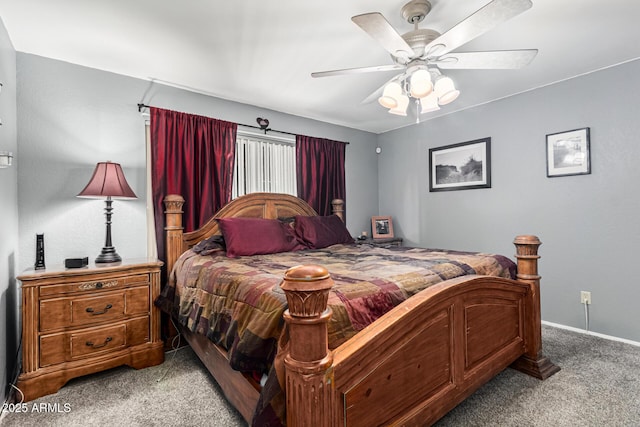 bedroom with light colored carpet and ceiling fan