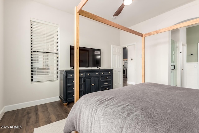 bedroom featuring a ceiling fan, baseboards, dark wood finished floors, and a closet