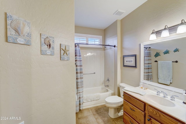 full bathroom with shower / tub combo with curtain, vanity, toilet, and tile patterned floors