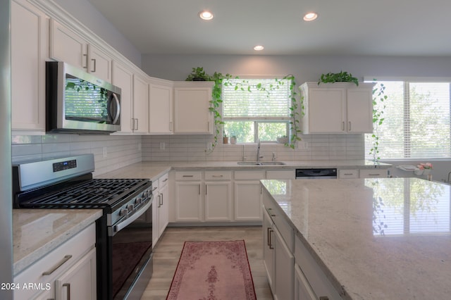 kitchen with appliances with stainless steel finishes, a wealth of natural light, and tasteful backsplash