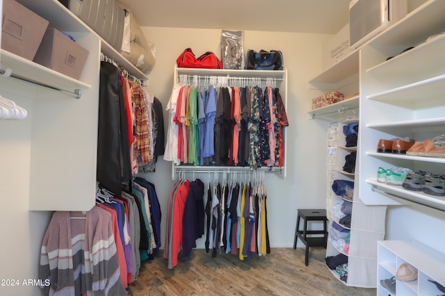 walk in closet with hardwood / wood-style floors