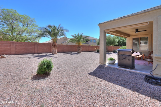 view of yard featuring ceiling fan and a patio area