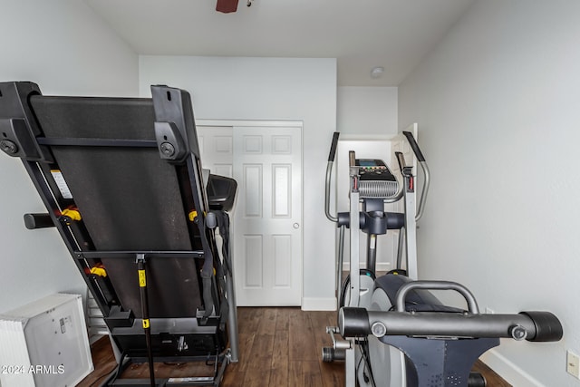 exercise area with dark hardwood / wood-style floors