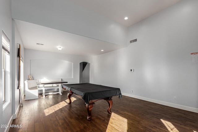 rec room with dark hardwood / wood-style floors and billiards