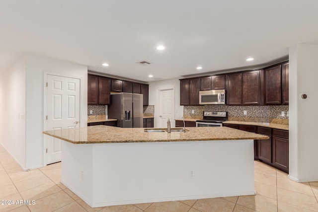 kitchen featuring appliances with stainless steel finishes, a sink, dark brown cabinetry, backsplash, and an island with sink