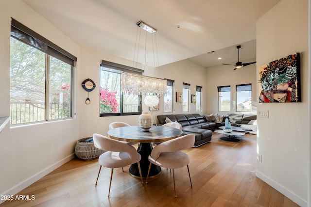 dining space with ceiling fan and light hardwood / wood-style floors