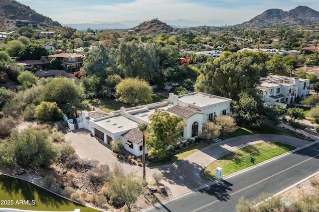 drone / aerial view featuring a mountain view