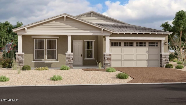 11417 E Utah Ave, Mesa, AZ 85212 - craftsman house with decorative driveway, stone siding, an attached garage, and stucco siding