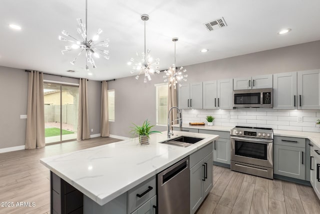 kitchen with visible vents, an inviting chandelier, gray cabinets, a sink, and appliances with stainless steel finishes