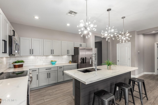 kitchen featuring visible vents, a sink, appliances with stainless steel finishes, backsplash, and a chandelier