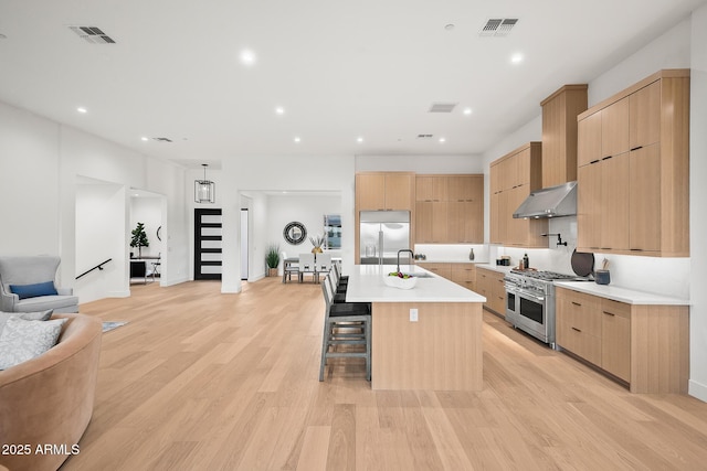 kitchen featuring a sink, modern cabinets, high quality appliances, and open floor plan