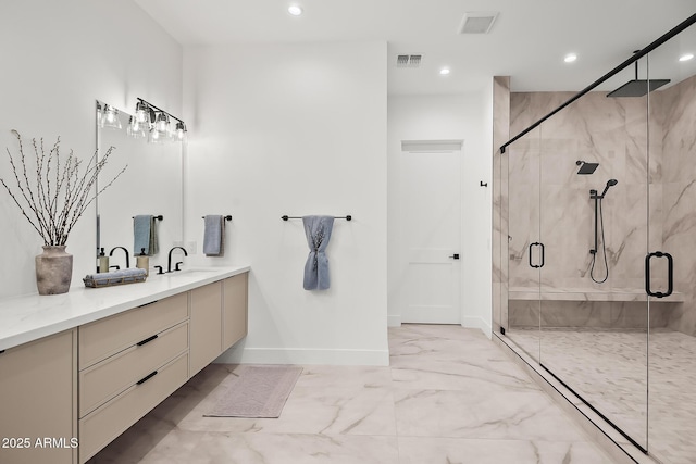 bathroom featuring visible vents, recessed lighting, marble finish floor, and baseboards