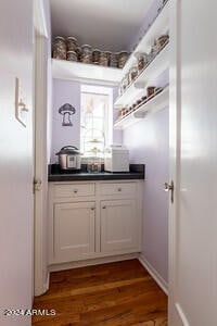 bar with dark hardwood / wood-style floors and white cabinets