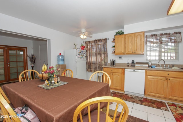 kitchen featuring white appliances, light tile patterned floors, ceiling fan, light countertops, and open shelves