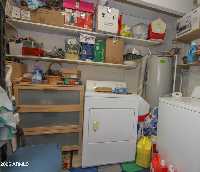 laundry room featuring laundry area, electric water heater, and washer and clothes dryer