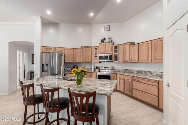 kitchen with a kitchen island with sink, sink, high vaulted ceiling, and stainless steel appliances