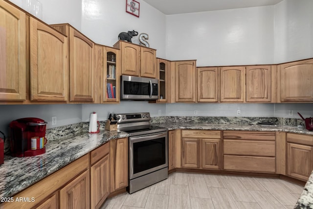 kitchen with dark stone countertops, a towering ceiling, and stainless steel appliances