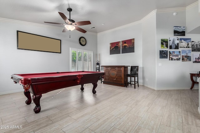 playroom with ceiling fan, crown molding, and billiards