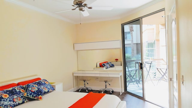 bedroom with ornamental molding, multiple windows, ceiling fan, and access to outside