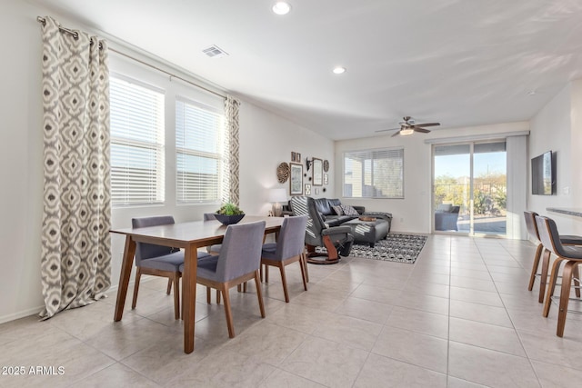 dining space featuring light tile patterned floors, recessed lighting, visible vents, and ceiling fan