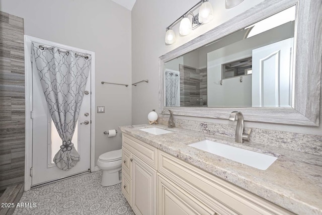 7949 W Wescott Dr, Glendale, AZ 85308 - bathroom with toilet, double vanity, a shower with shower curtain, and tile patterned flooring