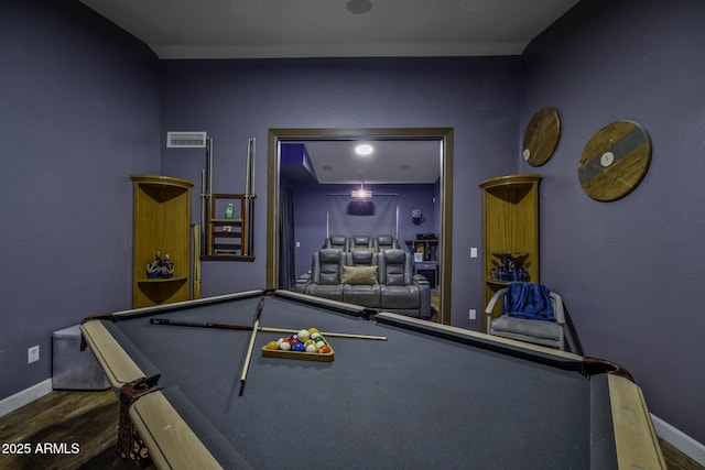 playroom featuring baseboards, visible vents, billiards, and wood finished floors