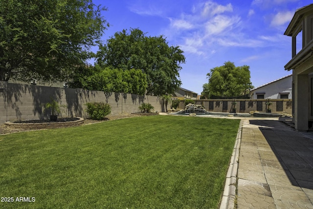 view of yard featuring a fenced backyard and a patio area