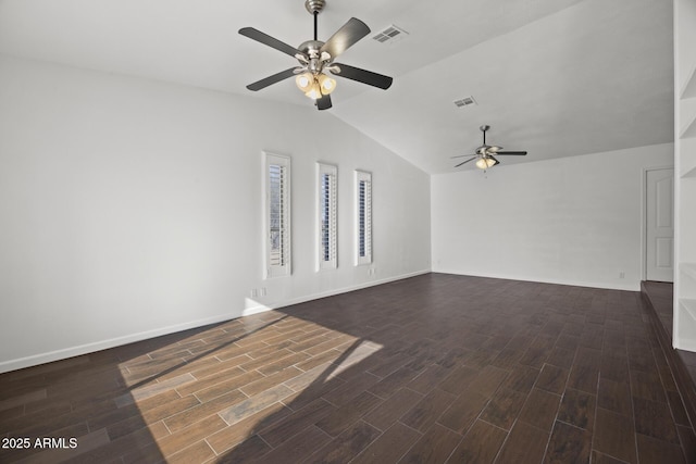 unfurnished living room featuring ceiling fan and lofted ceiling