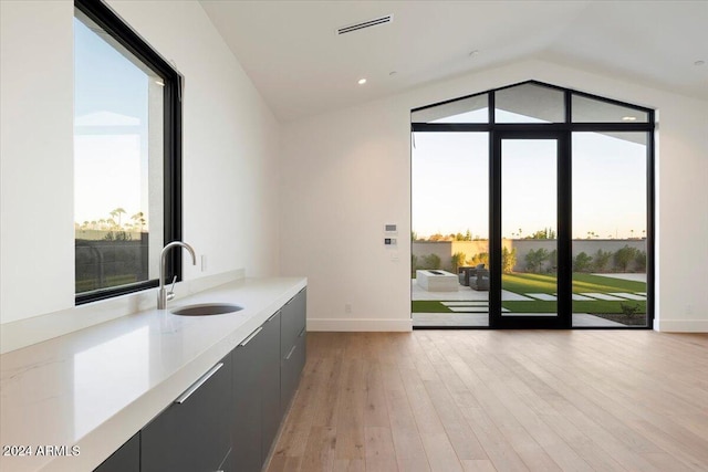 interior space featuring plenty of natural light, light hardwood / wood-style flooring, vaulted ceiling, and sink