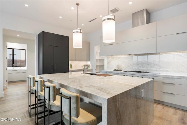 6921 N Joshua Tree Ct, Paradise Valley, AZ 85253 - kitchen featuring modern cabinets, a sink, a large island with sink, light wood-style flooring, and light stone counters