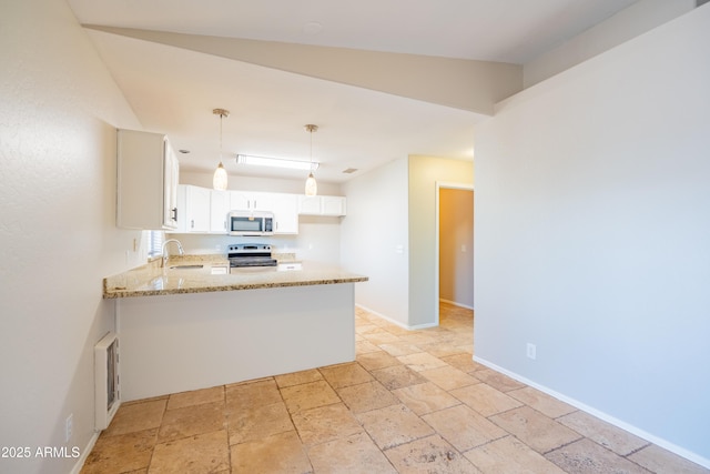 17824 E Chestnut Dr, Queen Creek, AZ 85142 - kitchen featuring a sink, stone tile floors, stainless steel appliances, a peninsula, and light stone countertops