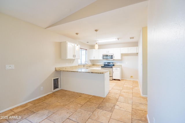 17824 E Chestnut Dr, Queen Creek, AZ 85142 - kitchen featuring a peninsula, stone tile floors, white cabinets, and stainless steel appliances