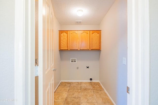 17824 E Chestnut Dr, Queen Creek, AZ 85142 - clothes washing area featuring cabinet space, baseboards, stone finish floor, hookup for a gas dryer, and washer hookup
