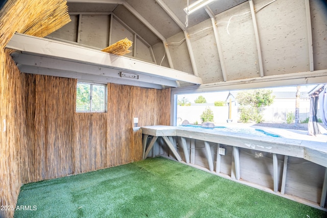 17824 E Chestnut Dr, Queen Creek, AZ 85142 - interior space featuring vaulted ceiling, wood walls, and carpet