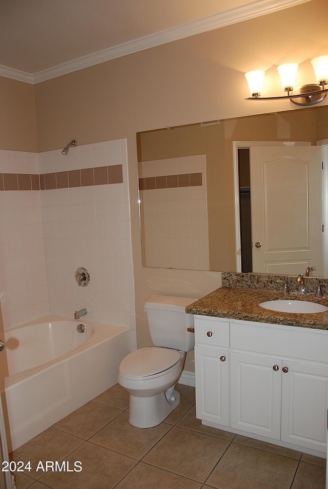 bathroom featuring crown molding, shower / bathing tub combination, toilet, vanity, and tile patterned floors