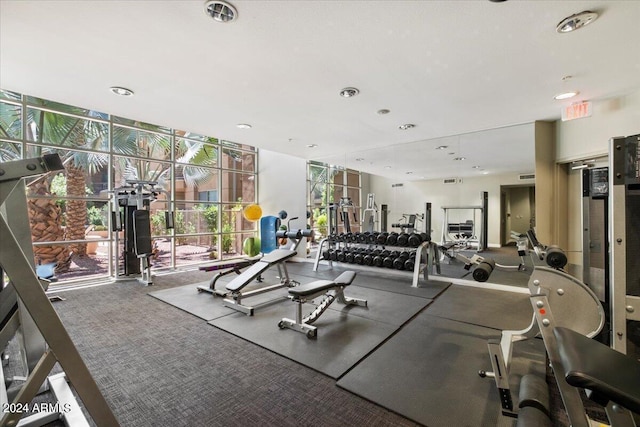 workout area featuring a wall of windows and visible vents