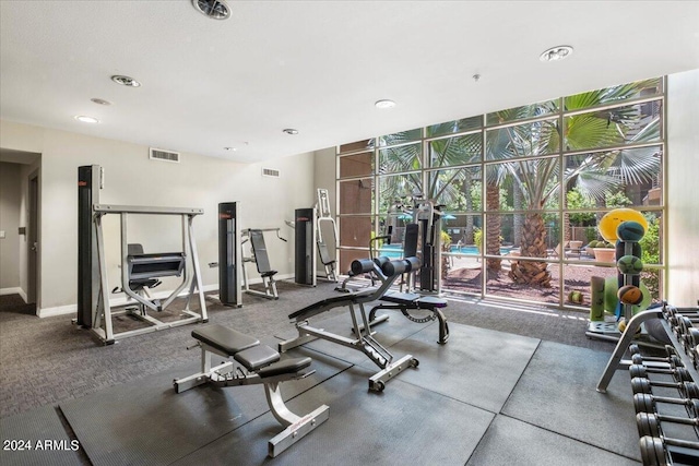 exercise room with a wall of windows, visible vents, and baseboards