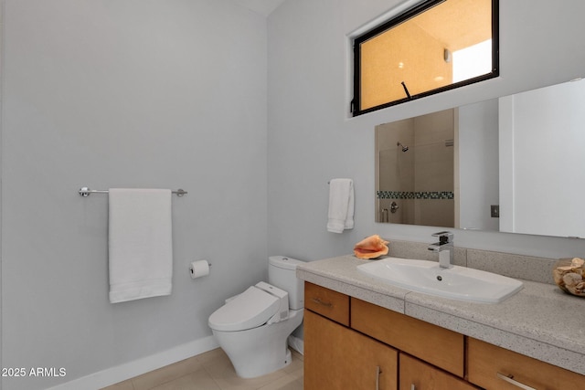 bathroom with walk in shower, tile patterned flooring, vanity, and toilet