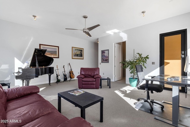 living room with light carpet and ceiling fan