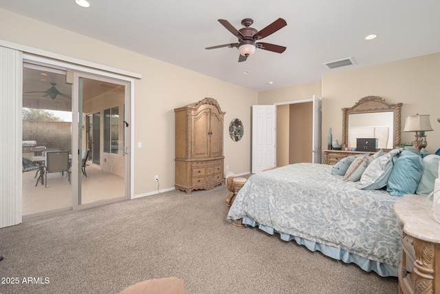 bedroom featuring carpet floors, access to exterior, and ceiling fan