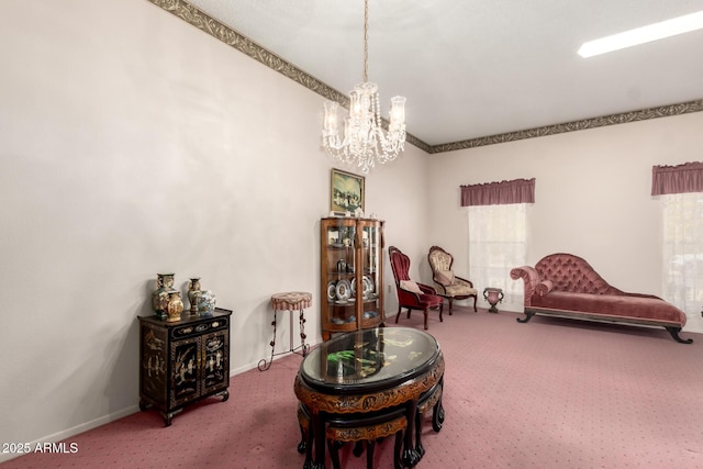11109 W Granada Dr, Sun City, AZ 85373 - living area featuring baseboards, carpet floors, and an inviting chandelier
