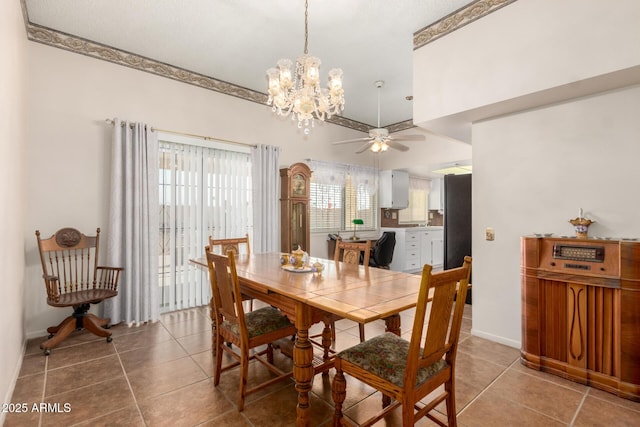 11109 W Granada Dr, Sun City, AZ 85373 - tiled dining room featuring ceiling fan with notable chandelier and baseboards