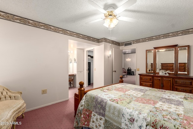 11109 W Granada Dr, Sun City, AZ 85373 - bedroom featuring a textured ceiling, visible vents, baseboards, ceiling fan, and carpet floors