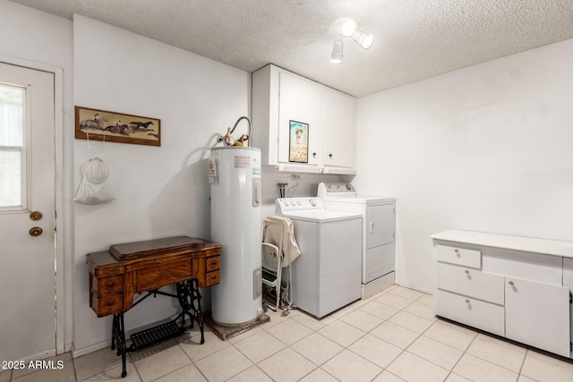 11109 W Granada Dr, Sun City, AZ 85373 - laundry area with water heater, a textured ceiling, light tile patterned floors, independent washer and dryer, and cabinet space